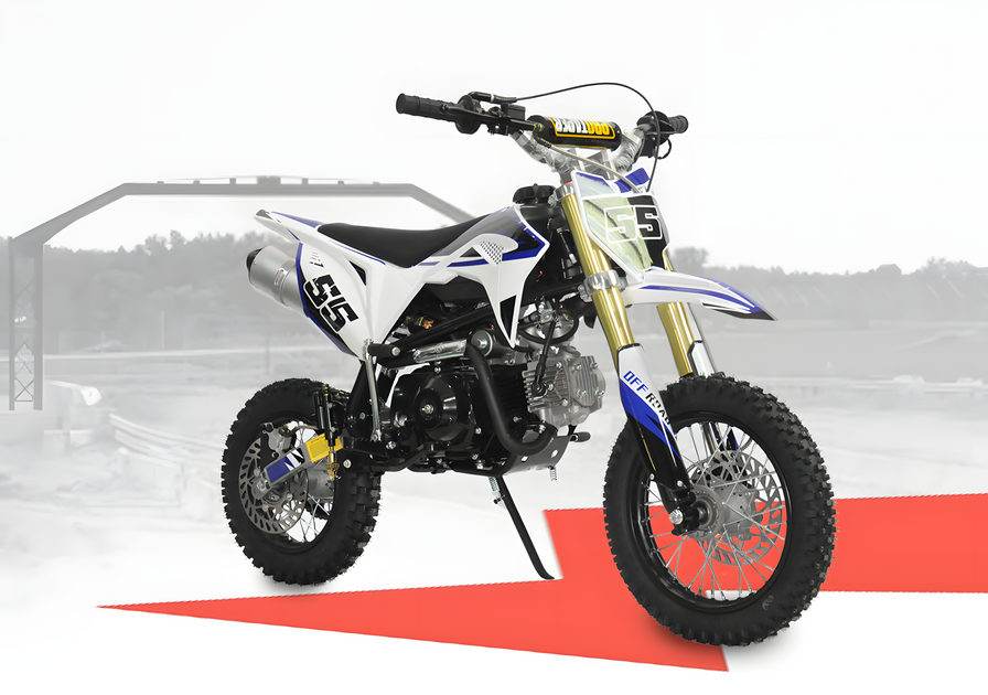 White and blue dirt bike with the number '55' displayed on its body, positioned on a dynamic background with a red accent