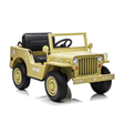 A military-style children's ride-on jeep toy in olive drab green with black seats and tires, shown on a clean white background.