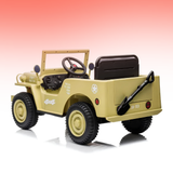 A military-style toy jeep in a light tan color with black tires, a black seat, and white printed details, shown on a white background with a pink-to-white gradient.