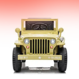 A toy military-style jeep in a pale yellow color, shown from the front against a white background with a pink gradient at the top.