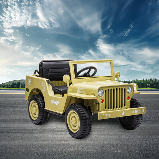 on the road with trees with New Aim 12v Military Jeep Kids Electric Ride On with Remote  - Green