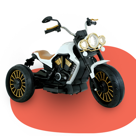 Front Angled View: A dynamic front angle showcasing the motorcycle’s triple headlights with golden frames, wide tires, and ergonomic handlebars, emphasizing its bold design and premium look.