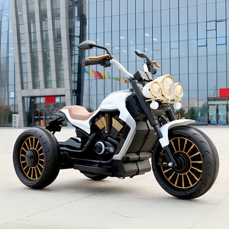 Outdoor Showcase: The white motorcycle displayed outdoors in front of a modern building, emphasizing its sleek design, durable build, and stylish golden accents.