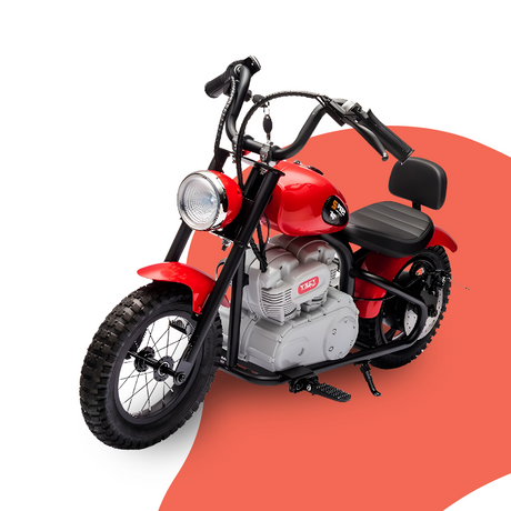 A detailed front-side view of a red children's ride-on motorcycle with realistic design elements such as handlebars, headlight, and tires, set against a red and white background.