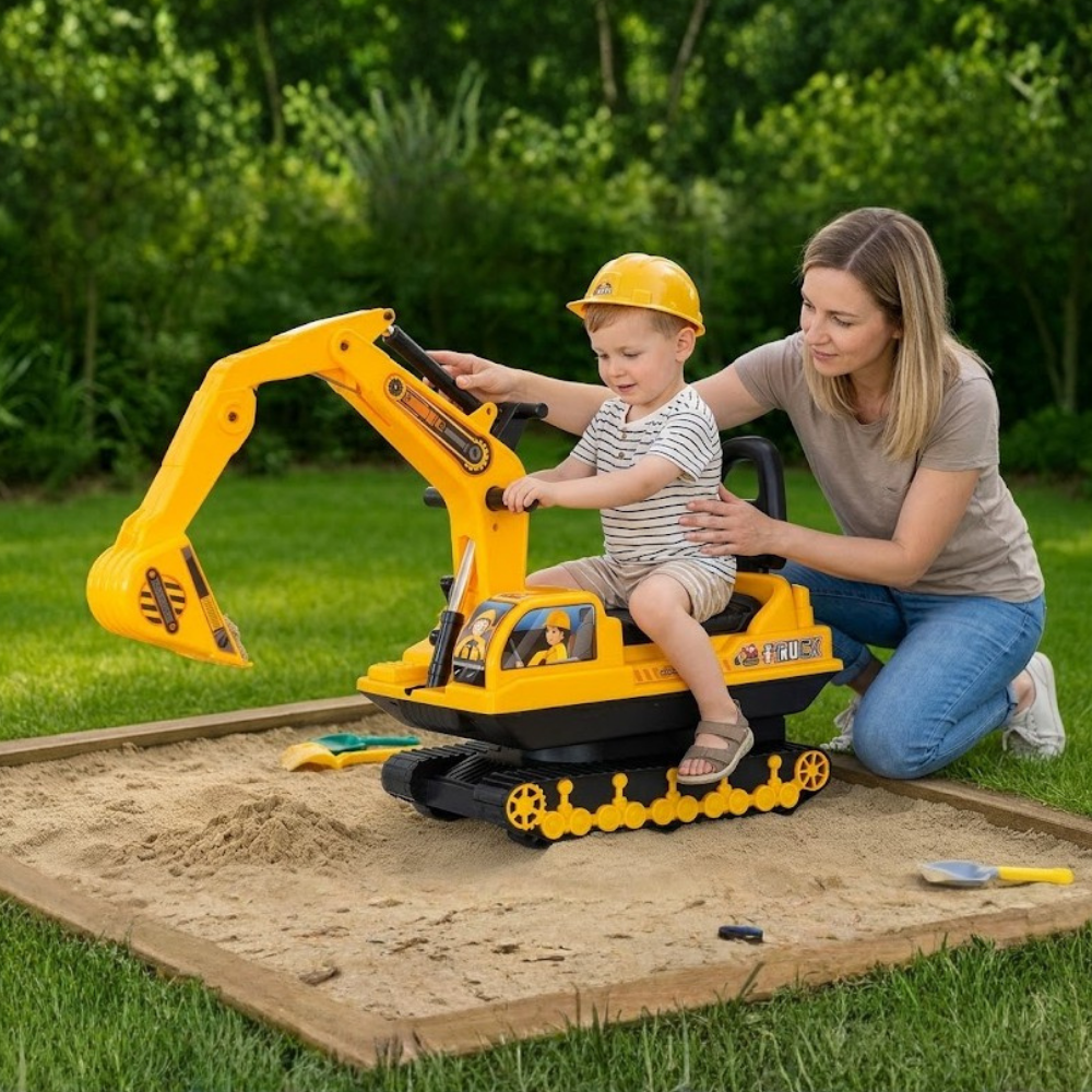 A woman and a young child play with a yellow toy excavator in a sandbox outdoors on a grassy lawn. The child wears a yellow hard hat, and the woman kneels beside them, guiding the toy.