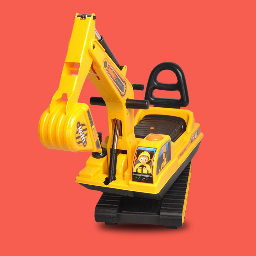 A yellow and black toy excavator ride-on truck with a cartoon driver figure on the cabin window, shown against a solid coral-red background.