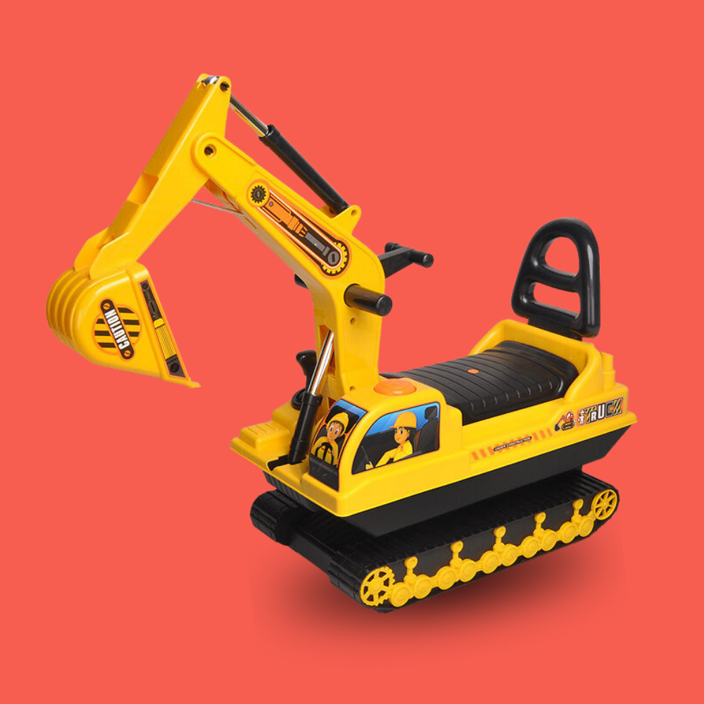 A yellow and black toy excavator ride-on truck with a seat, black handle, and tracks, shown on a solid coral-red background.