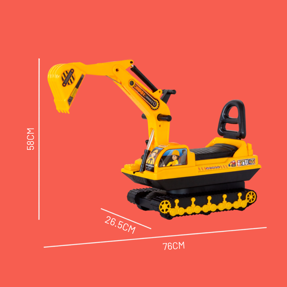 Yellow and black toy excavator shown on a coral background with white dimension lines and labels indicating 58 cm height, 28.5 cm width, and 76 cm depth.
