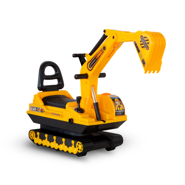 A yellow and black ride-on toy excavator with a seat, handle, tracks, and a scoop arm, photographed on a clean white background.