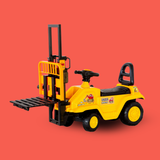 A yellow and black ride-on toy forklift with a black seat, handle, and forks, shown on a solid red background.