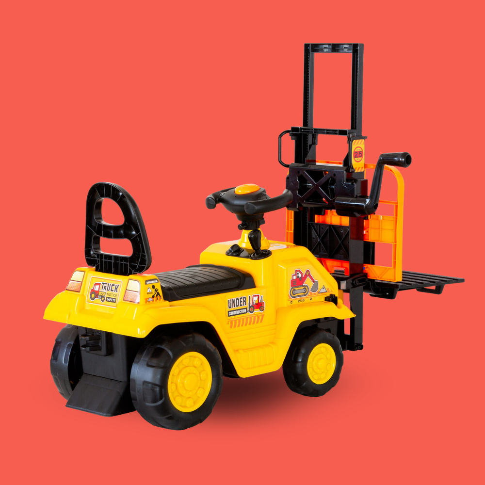 A yellow and black ride-on toy forklift truck with a driver seat, steering wheel, and front forks, shown on a solid red background.