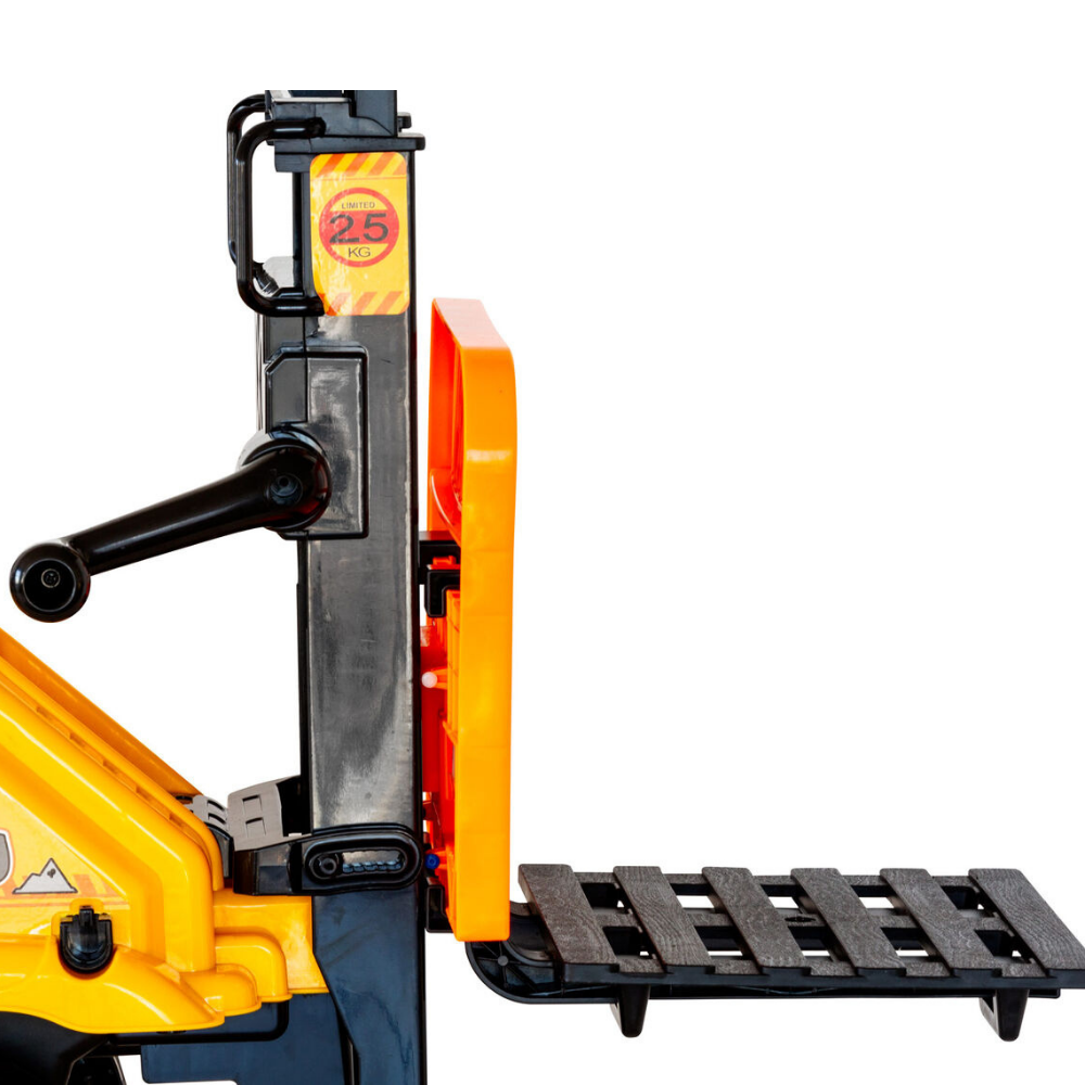 Close-up of a yellow and black industrial lift or pallet platform with an orange side panel and a black slatted platform, shown on a white background.