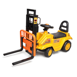 A yellow and black ride-on toy forklift with orange safety-style guard bars, photographed on a clean white background.