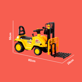 A yellow and black toy forklift shown on a coral-red background with white dimension lines and labels indicating 55 cm height, 92 cm length, and 28 cm width.