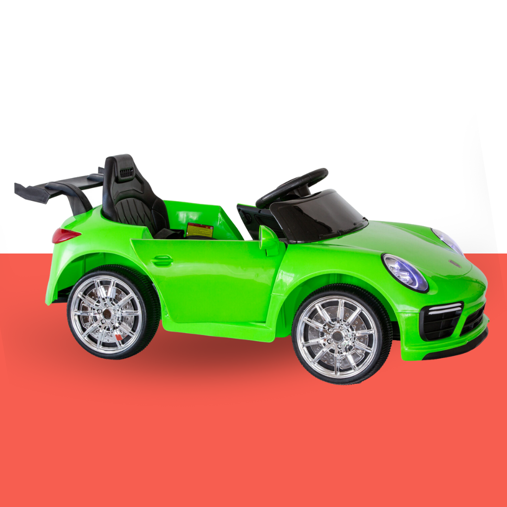 Green toy car with black interior on a red background