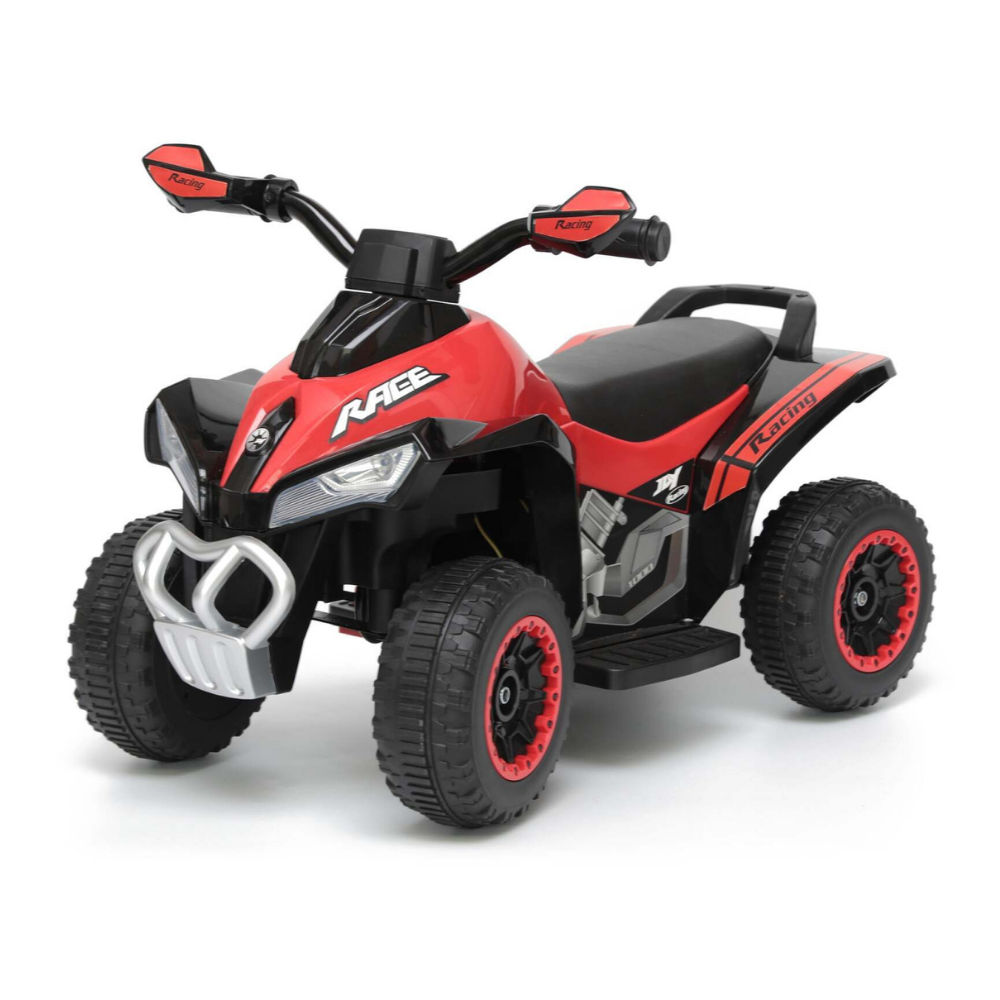 Red and black toy ATV on a white background