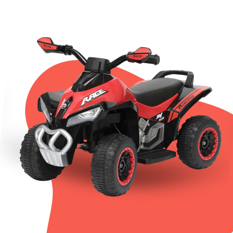 Red and black toy ATV on a white background with a red circular design.