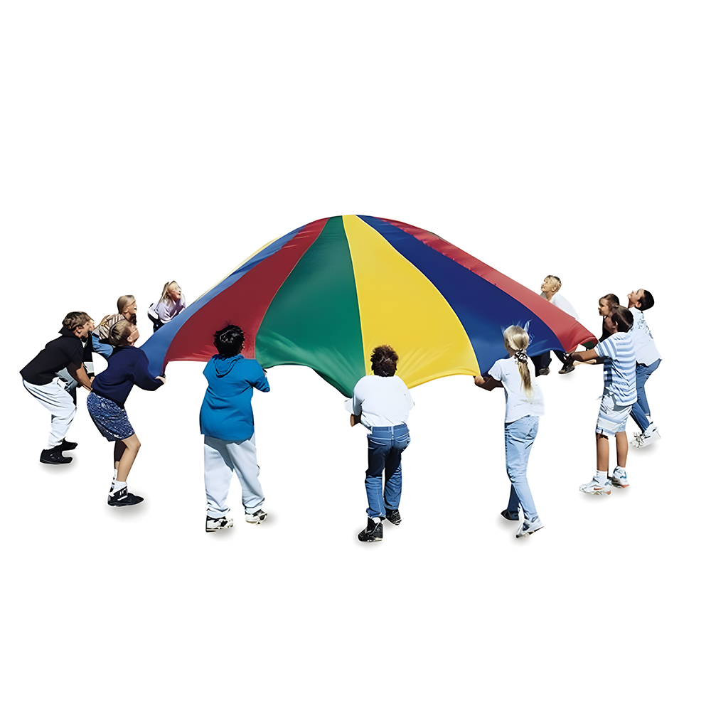 A group of children lifting a multi-coloured parachute, with sections in red, green, yellow, and blue, creating a dome shape as they play together