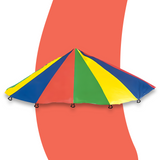 Multi-coloured parachute with alternating sections of blue, red, green, and yellow, slightly lifted and shown against a red curved background