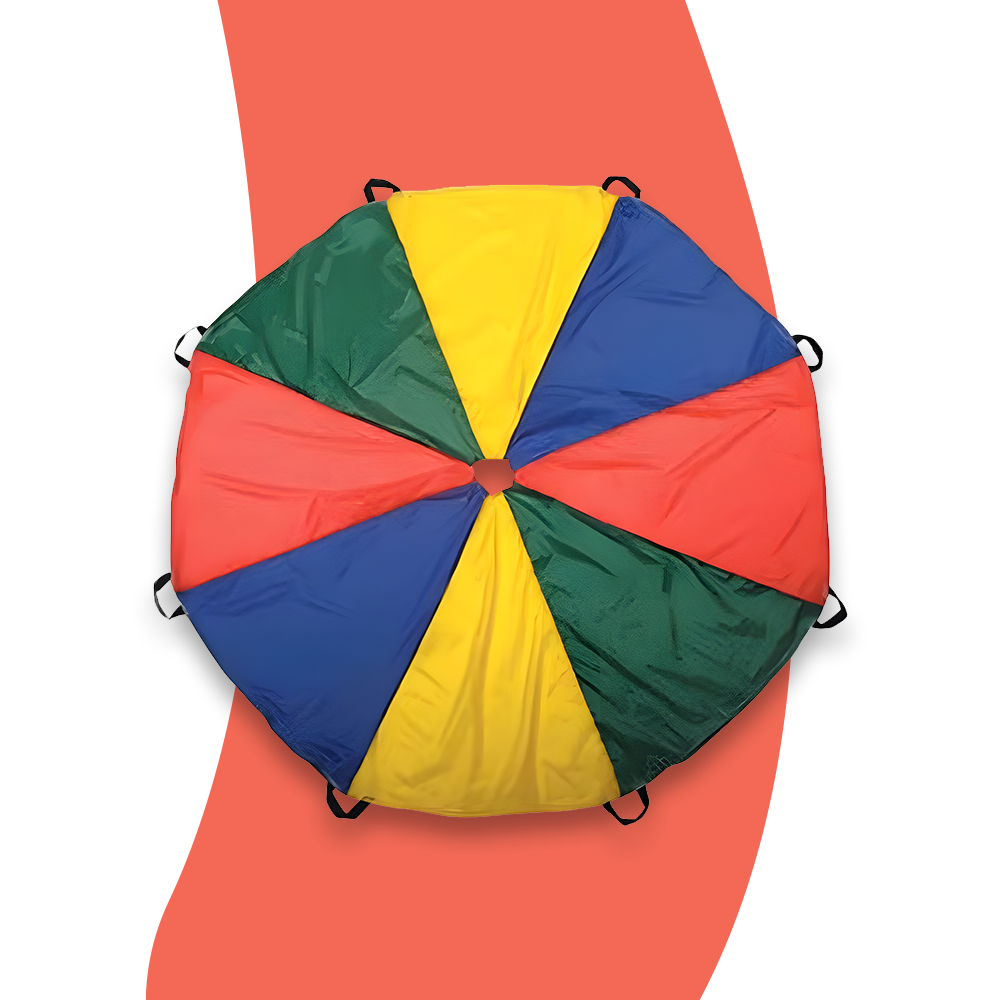 Multi-coloured parachute with sections in green, yellow, blue, and red, featuring a central hole and black handles around the edges