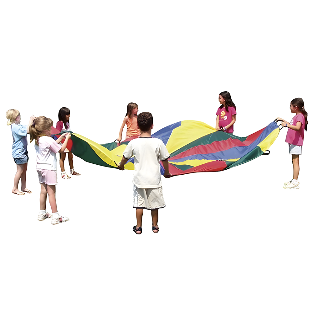 A group of children playing with a multi-coloured parachute, featuring sections in red, yellow, blue, and green, as they hold the edges in a circle