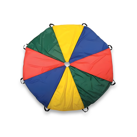 Multi-coloured parachute with sections in green, yellow, blue, and red, featuring a central hole and black handles around the edges