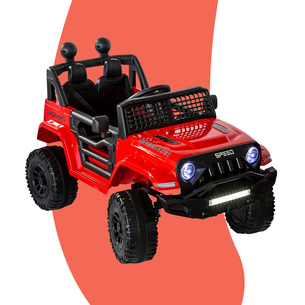 Front view of a red Jeep-inspired remote-controlled ride-on electric car, featuring headlights and a front bumper with the word "SPEED" on the grille