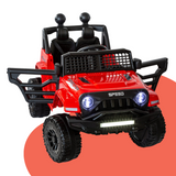 Front view of a red Jeep-inspired remote-controlled ride-on electric car with doors open, showcasing its rugged design and large tyres