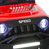 Close-up of the front grille of the red Jeep-inspired remote-controlled ride-on electric car, with illuminated headlights and the "SPEED" logo