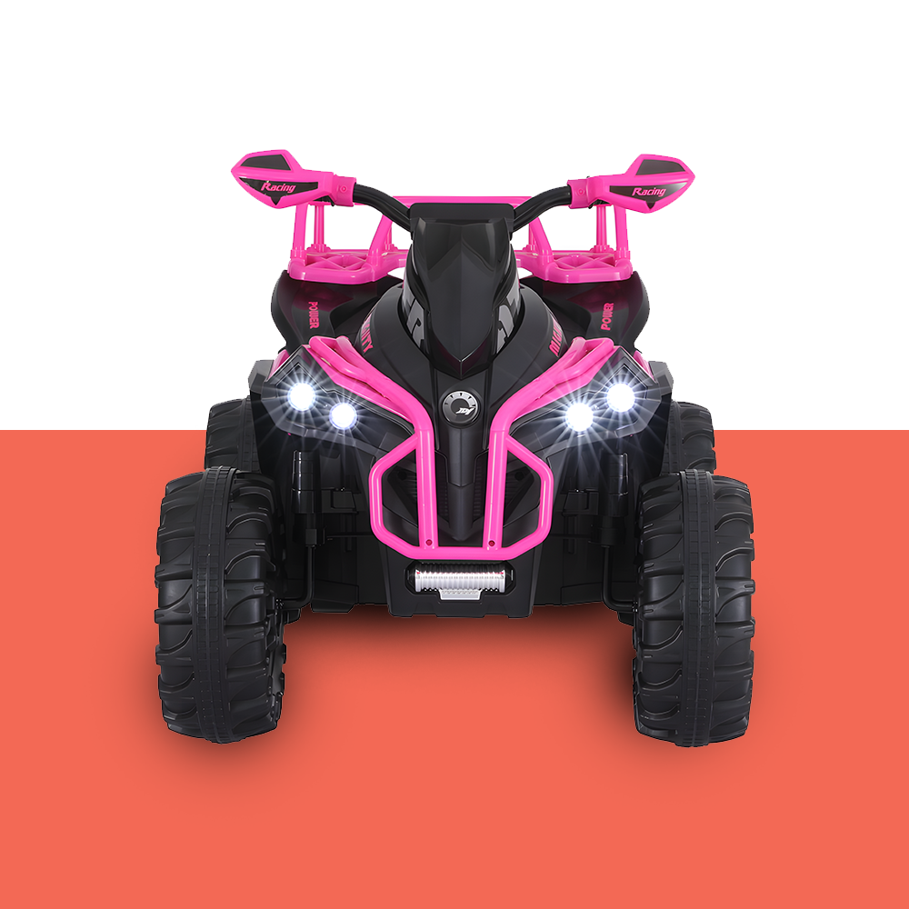 front view of Rigo 12v Kids Electric ATV Quad Bike Ride On with Storage Rack - Pink