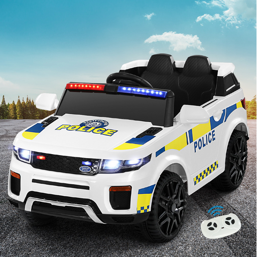 outdoor view with Rigo 12v Kids Electric Police Patrol Ride On Car with Remote - White