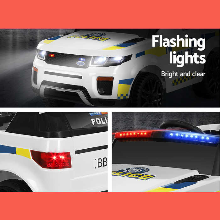 flashing lights of Rigo 12v Kids Electric Police Patrol Ride On Car with Remote - White