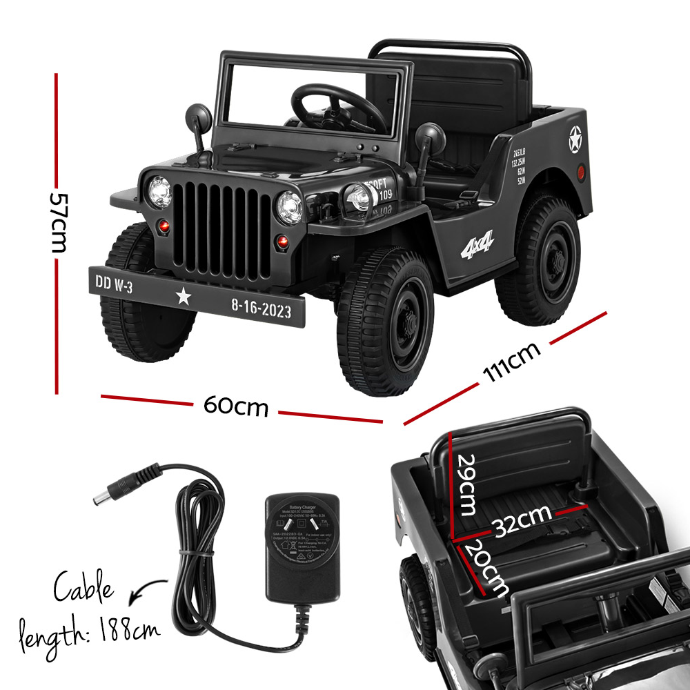 Rigo 12v Kids Military Jeep Off Road Ride On Car with Remote - Black