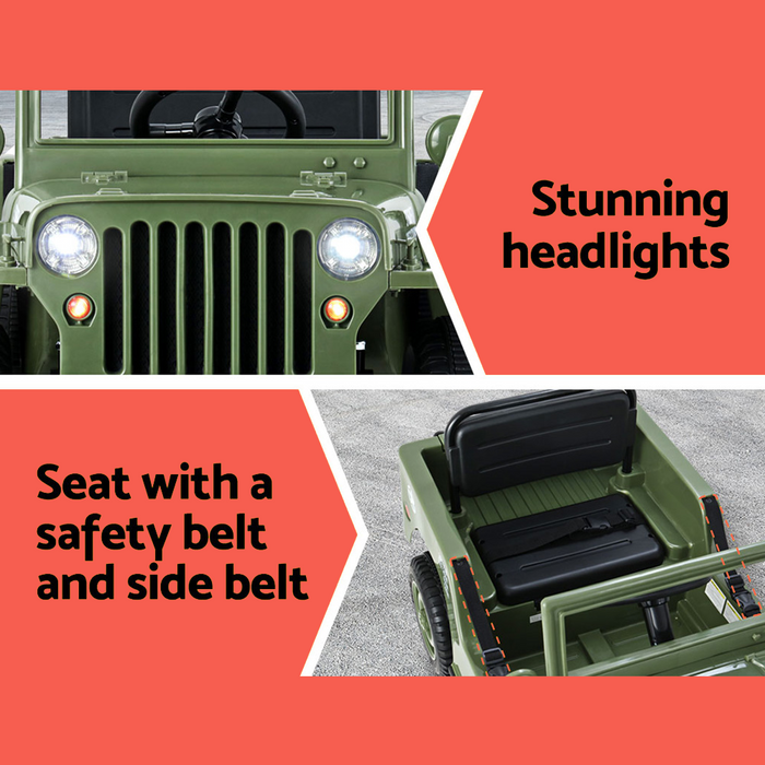 front headlights and top view of Rigo 12v Kids Military Jeep Off Road Ride On Car with Remote - Olive