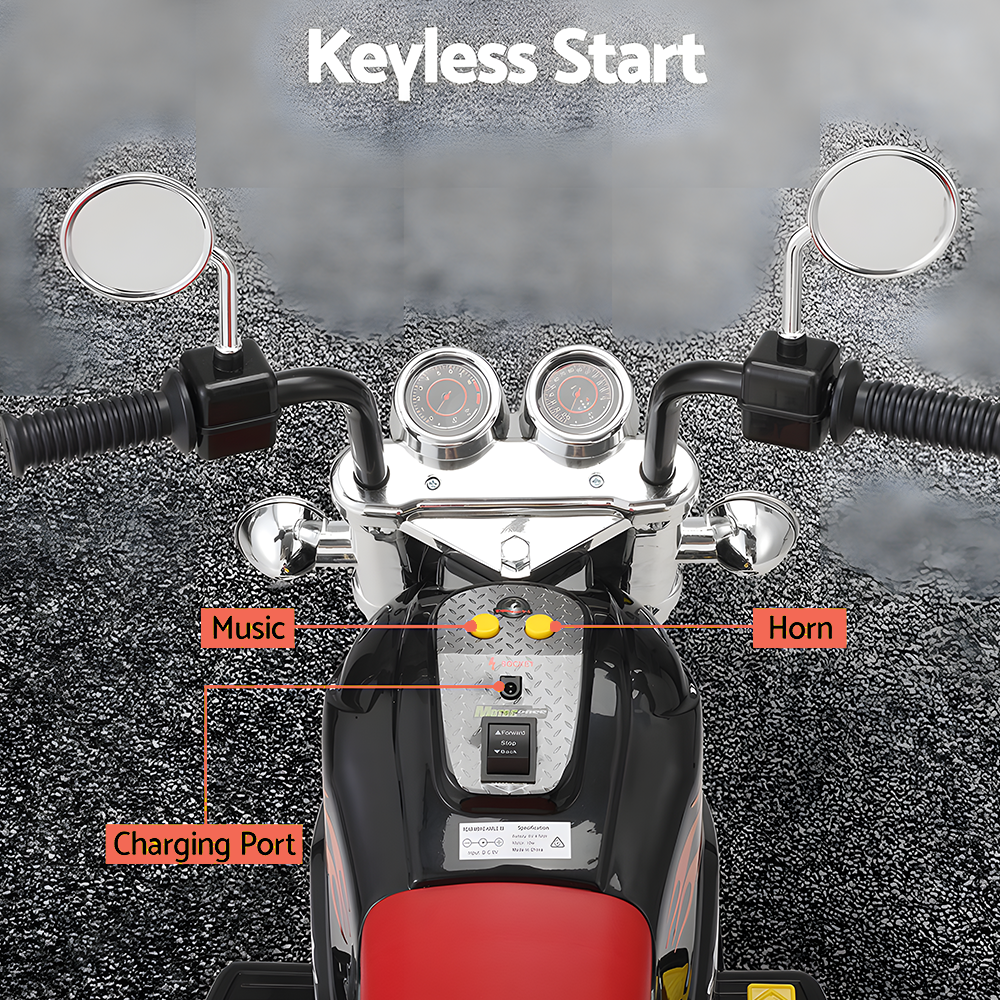 keyless start feature of Rigo Harley Inspired 6v Kids Electric Ride On Motorbike - Black