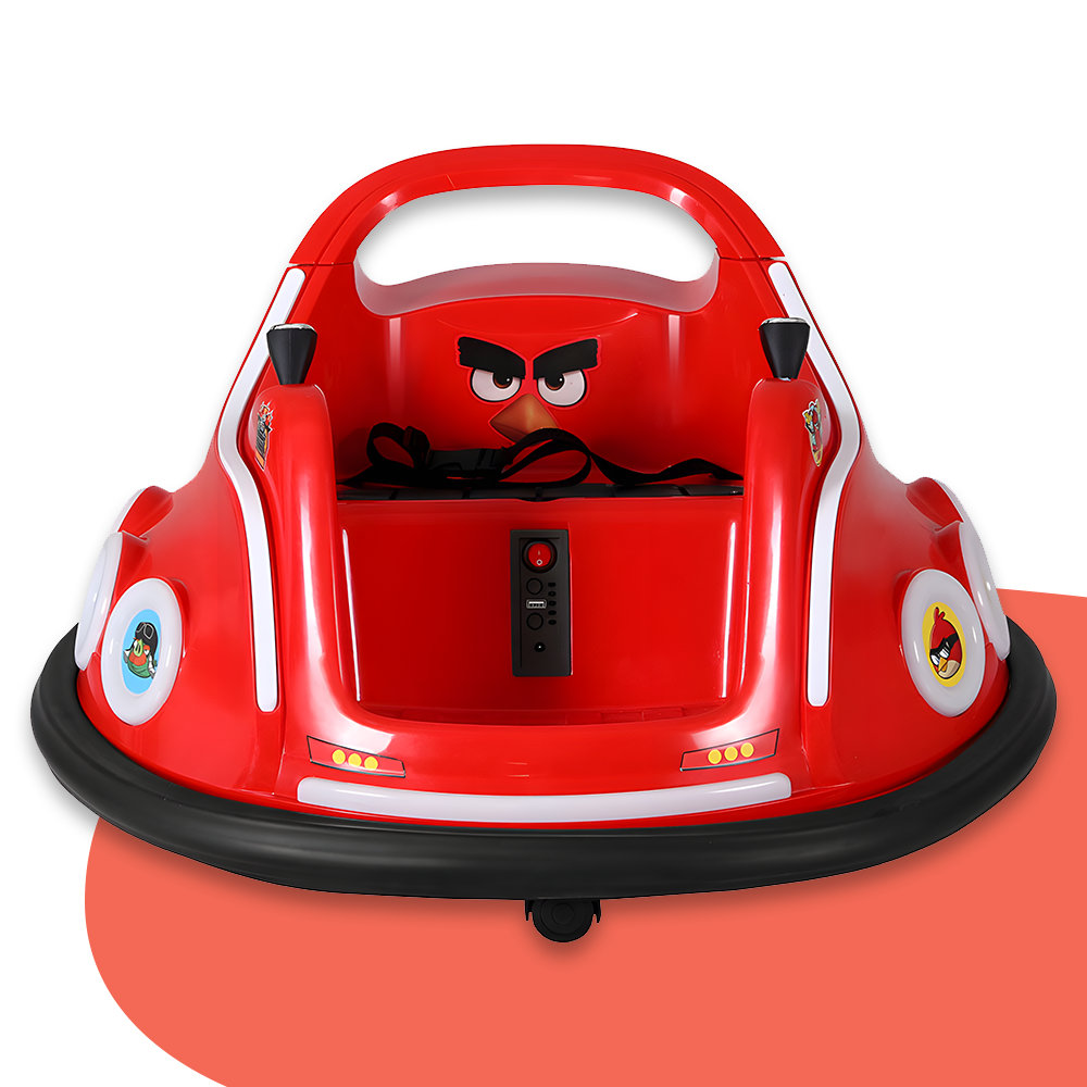 Angry Birds bumper car front view, red with cartoon graphics