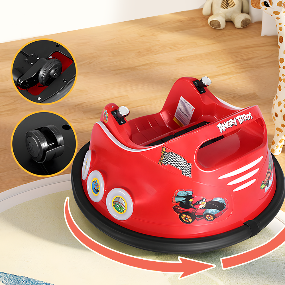 Angry Birds bumper car rear and side view, close-up of wheels