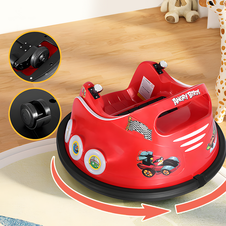 Angry Birds bumper car rear and side view, close-up of wheels