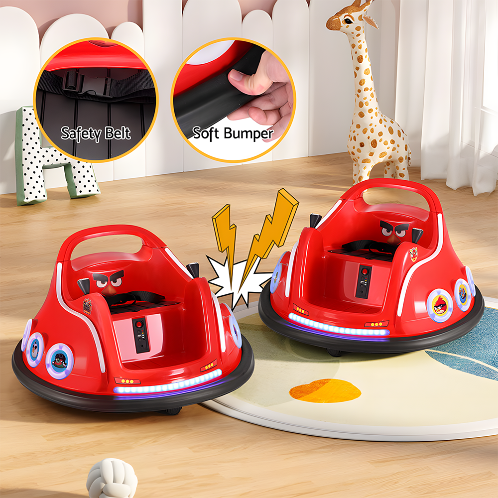 Two Angry Birds bumper cars indoors, showing soft bumper and safety belt