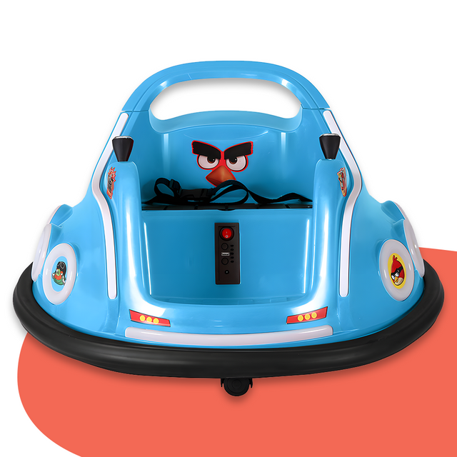 Angry Birds bumper car front view, blue with cartoon graphics