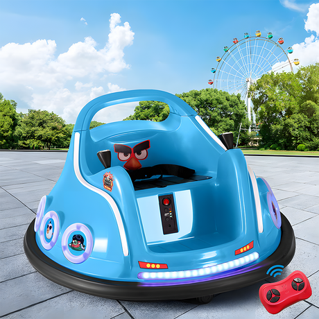 Angry Birds bumper car outdoors with a ferris wheel in the background