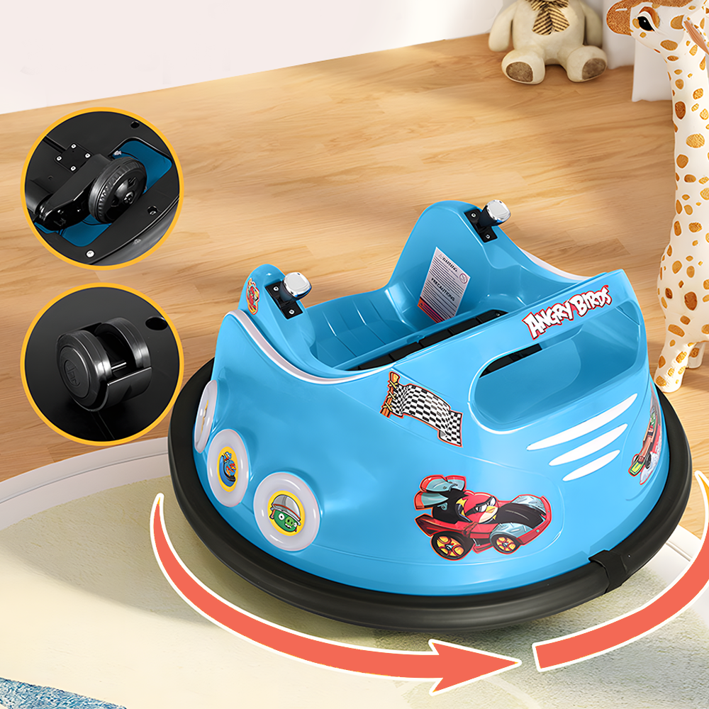 Angry Birds bumper car rear and side view, close-up of wheels