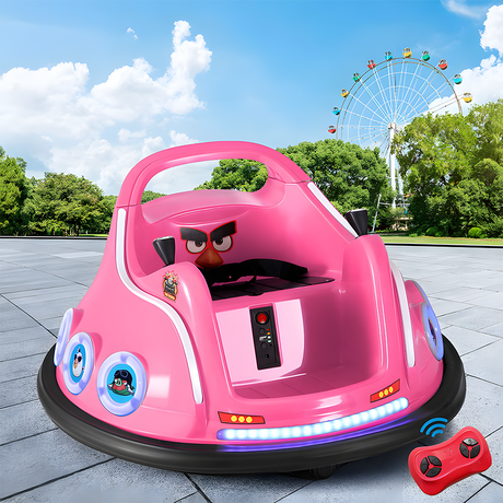 Angry Birds bumper car outdoors with a ferris wheel in the background