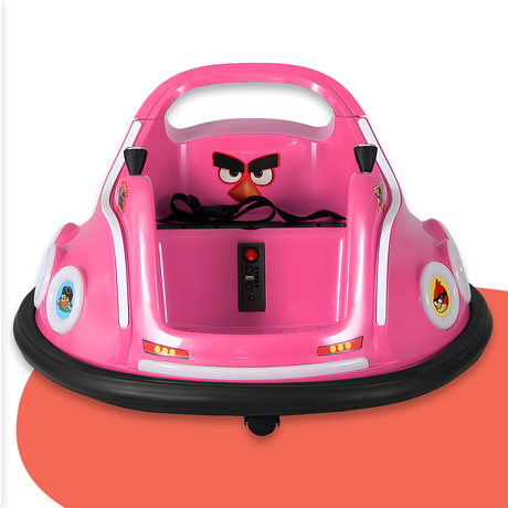 Angry Birds bumper car front view, pink with cartoon graphics