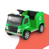 Green ride-on toy recycling truck with realistic design and orange warning lights.