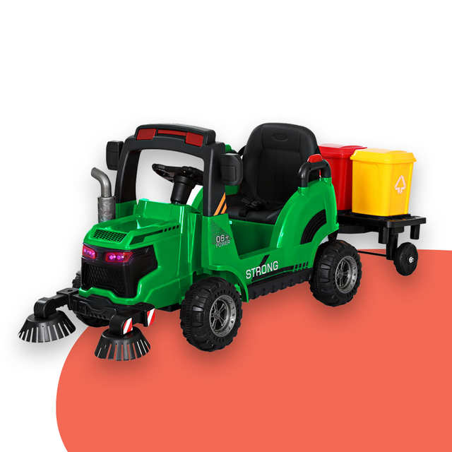 A green ride-on street sweeper truck with a detachable trailer carrying two toy rubbish bins in red and yellow.