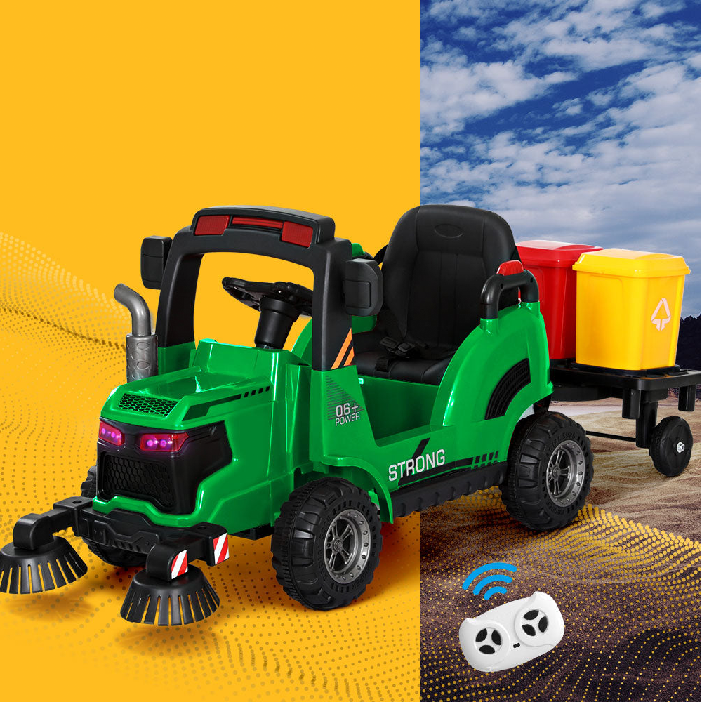 A green ride-on street sweeper truck with a trailer and toy rubbish bins, set against a colourful background with a wireless remote control icon.