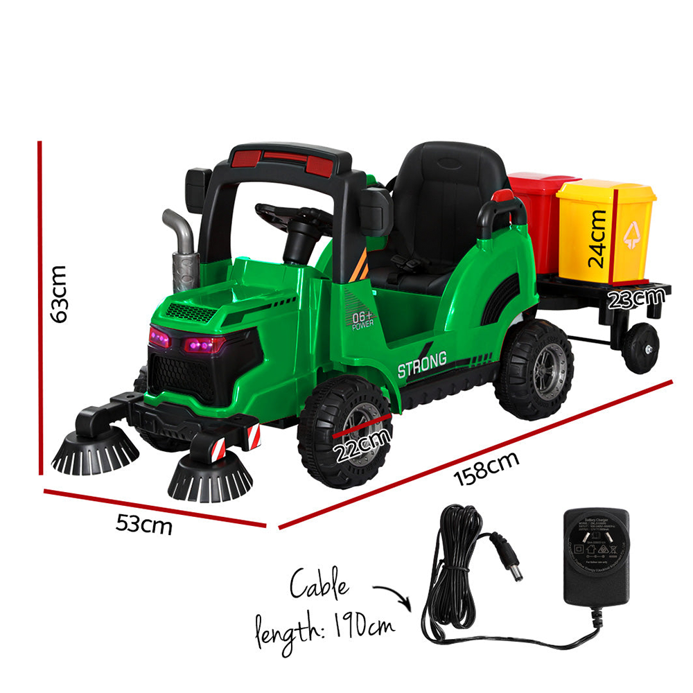 A green ride-on street sweeper truck with two attached toy rubbish bins, showing dimensions and the length of the charging cable