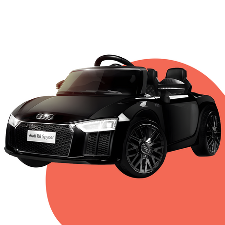 A black Rovo Kids ride-on car modelled after the Audi R8 Spyder. Displayed from a front-left angle, highlighting its sleek and luxurious design with detailed headlights and wheels.