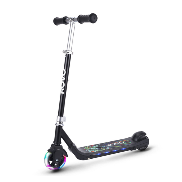 Black scooter with colorful wheel on a white background